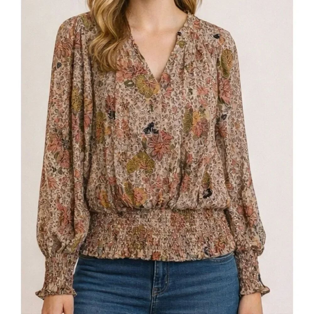 Joie flora smocked cuff and hem blouse size small